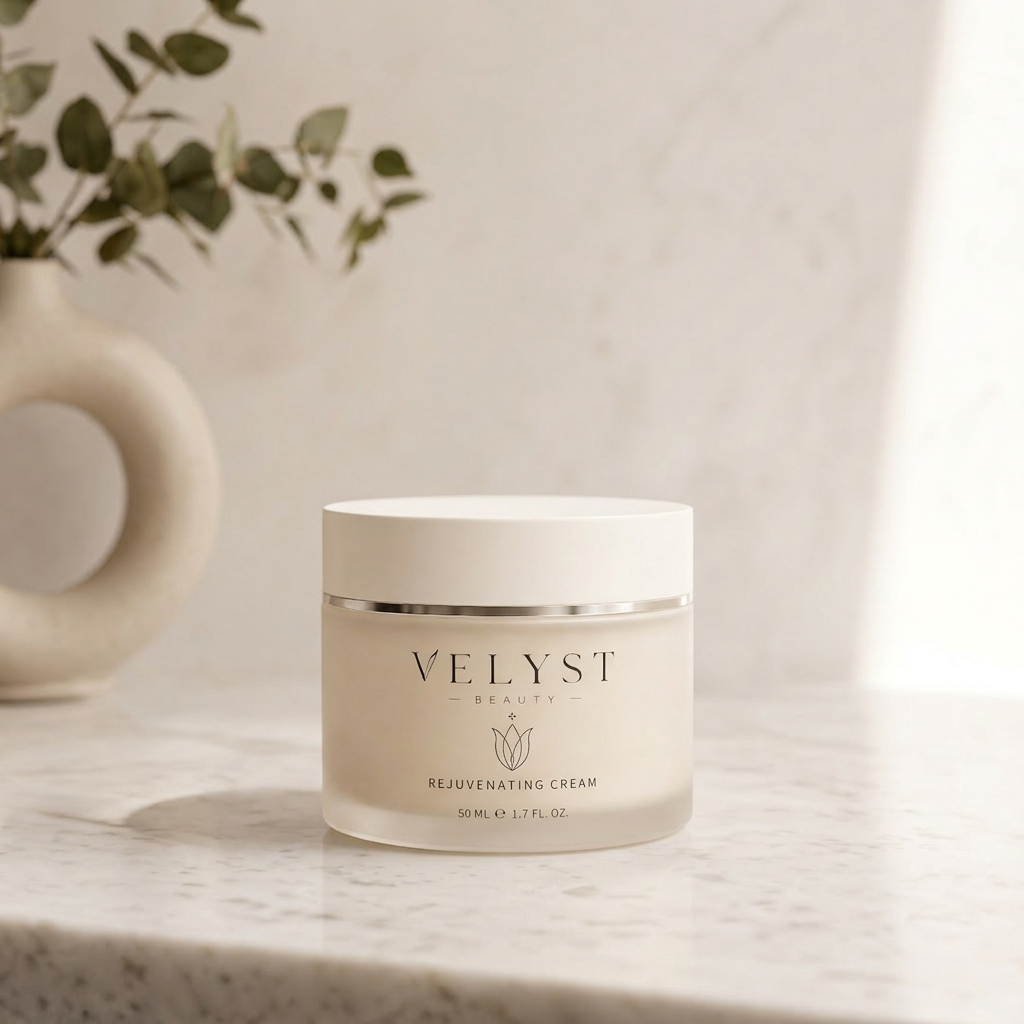 VELYST Rejuvenating Cream i frostet glaskrukke på varm cremefarvet baggrund
